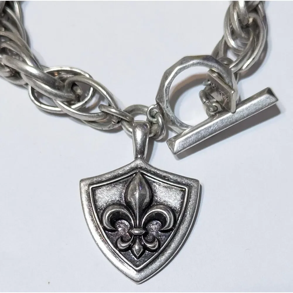 Stigma Mens Toggle Chain Bracelet Silver Tone Fleur-de-Lis Shield Charm